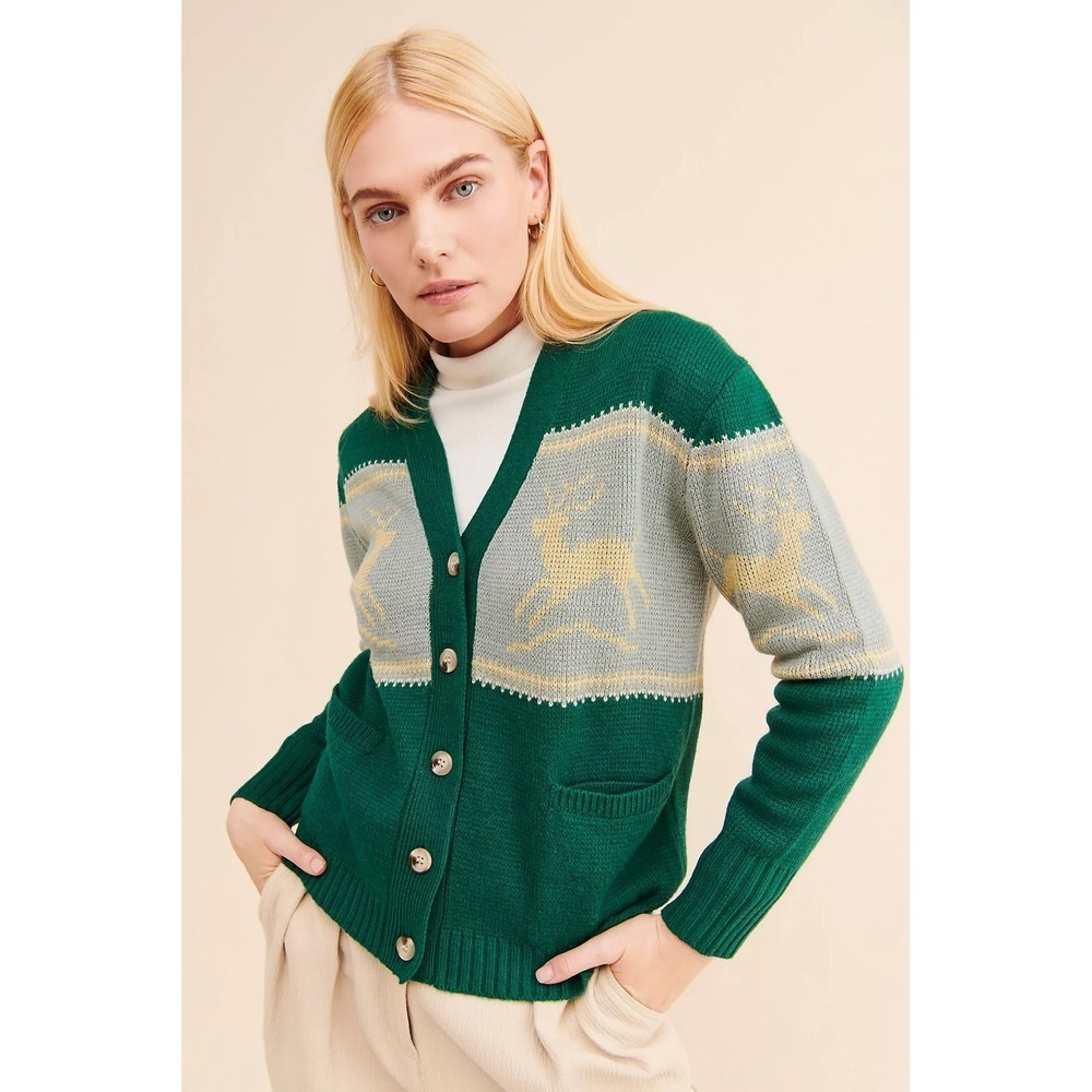 Anthropologie TINY Reindeer Cardigan Sweater Wool Blend Pockets Green X-Small